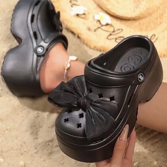 New Matte Black Bow Platform Clogs Chunky Grunge Sandals 7.5 - Picture 8 of 9